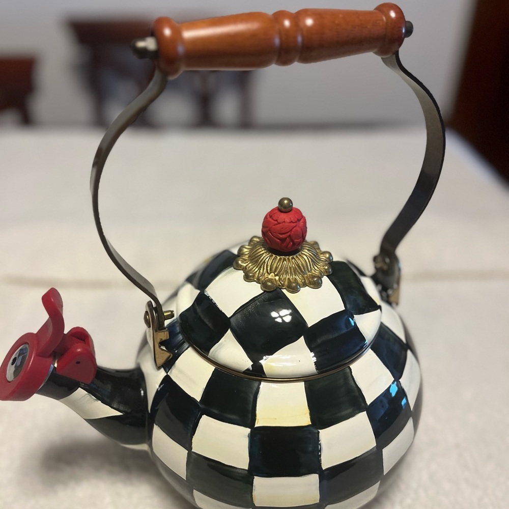 MacKenzie-Childs Black and White Checkered Teapot with Red Accents